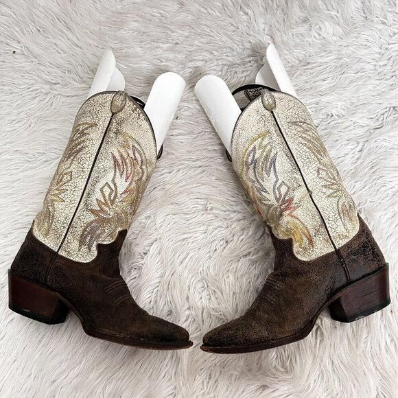 Justin Boots Women’s Western Cowboy Boots Sz 5.5B Distressed Leather Cream Brown - Picture 7 of 11